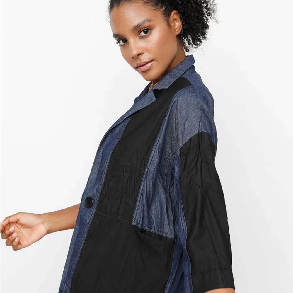 Ozai N Ku Crinkle Patchwork Shirt Jacket in Denim - Picture 2 of 8